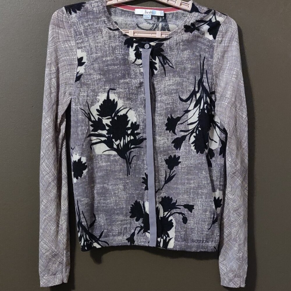 Boden Grey/Black/Cream Floral 100% Wool Cardigan Sweater SIZE US 6